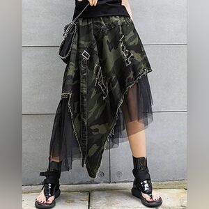 A-Line Camouflage Fringed Split-Joint Skirt